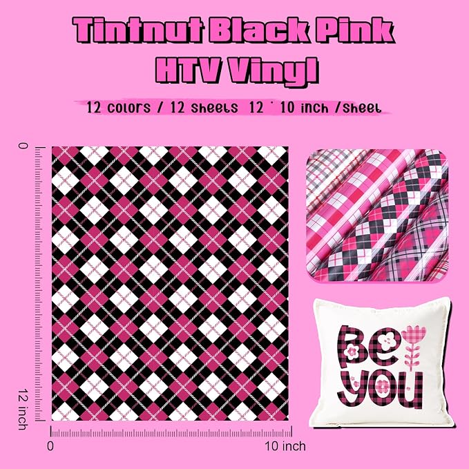 Tintnut Black Pink Plaid Heat Transfer Vinyl, PU HTV Sheets, easy cut & weed - Image 2