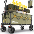Sekey 48''L Collapsible Foldable Extended Wagon with 440lbs Weight Capacity, Heavy Duty 300L Folding Utility Garden Cart with Big All-Terrain Beach Wheels & Drink Holders. Khaki