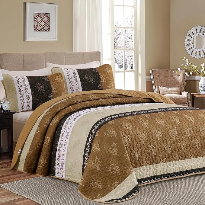 DJY Brown Quilt Set Queen Striped Bedspread Coverlet Set 3 Pieces Boho Branch by HOME