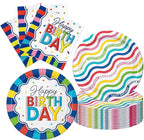 Colorful Happy Birthday Party Supplies, Vibrant Stripe Disposable Tableware by CRINSLY