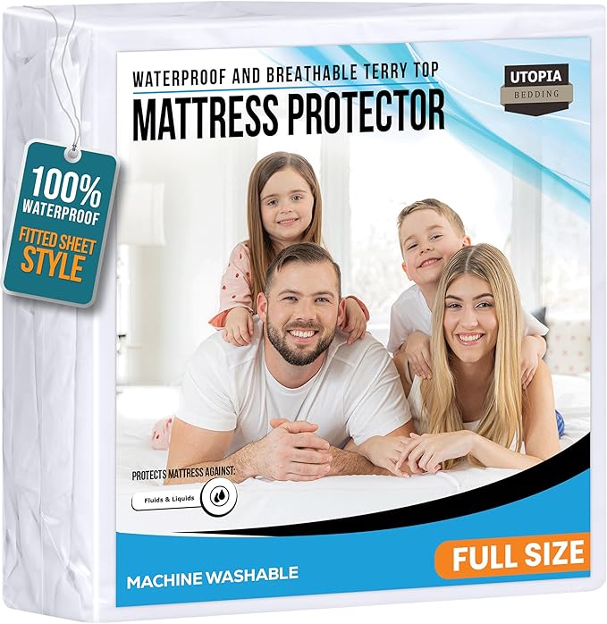Full Size Mattress Protector Waterproof, Premium 200 GSM Terry Mattress Cover by UTOPIABEDDING