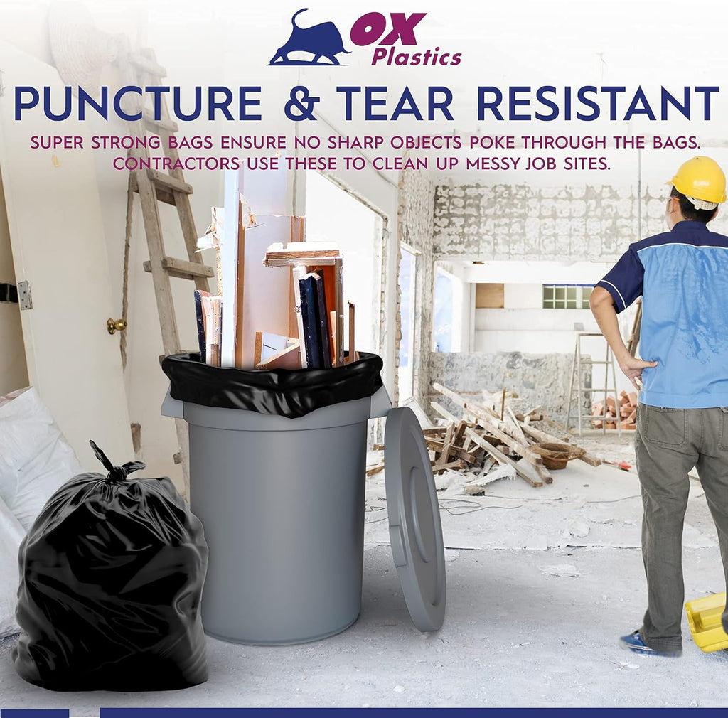 Ox Plastics Trash Can Liners Bags - Extra Heavy Duty Strength - Large Garbage, Leak-Proof & Durable, House & Commercial Use Bags (50) - Black (4 Mil, 60 Gallon)