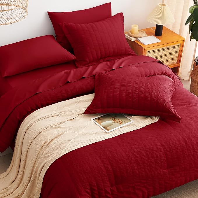 CozyLux Oversized Queen Comforter Set Dark Red Seersucker 7 Pieces 98x98 Bed in - Image 6