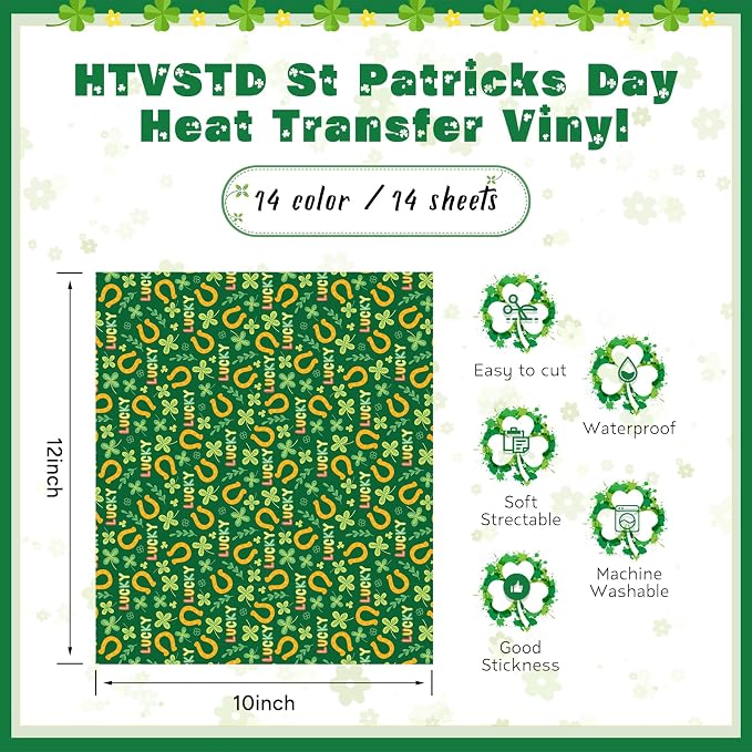 HTVSTD Four Leaf Clover Heat Transfer Vinyl 14pcs 12×10in Iron on Vinyl | St. - Image 2