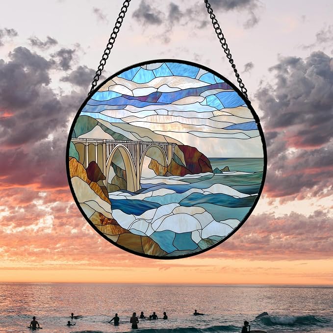 DASTOLL Stained Glass Window Hanging 4 Pcs Set Ocean Waves 9.8" - Image 3
