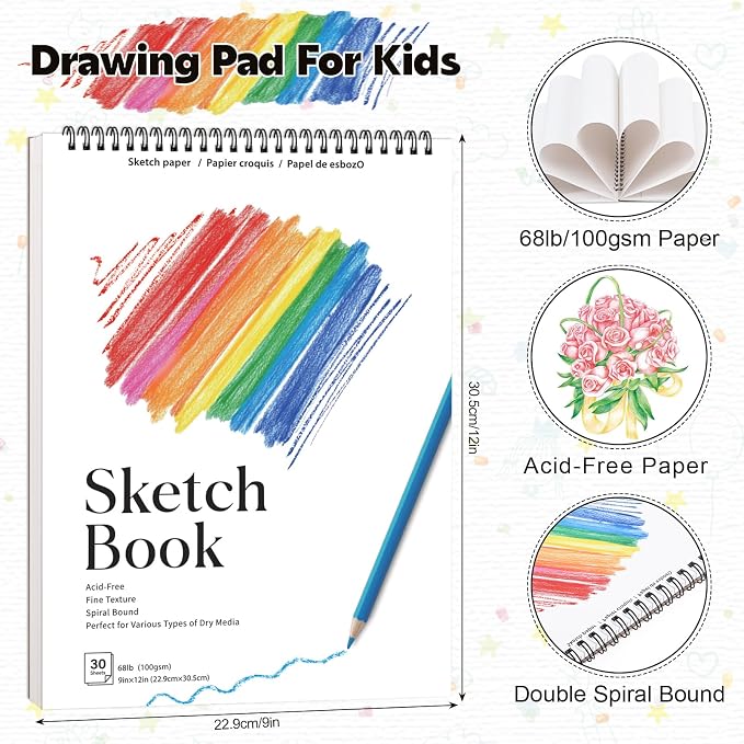 12 Pack Sketch Books, 9 x 12 Inch Sketchbook, 68lb/100gsm Spiral Bound Sketch - Image 2