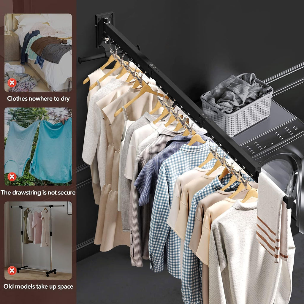 Wall Mounted Clothes Hanger, Aluminum Clothes Drying Rack, Space Saver, Retractable, Windproof Holes, with Clips