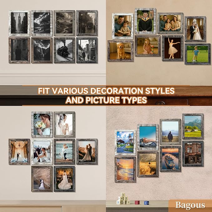 8x10 Picture Frames Set of 8, Vintage Rustic Farmhouse Industrial Style Photo - Image 3