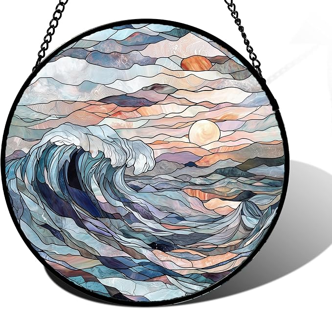 DASTOLL Stained Glass Window Hanging, Sunrise Waves Sun Catchers Diamond Glass by DASTOLL