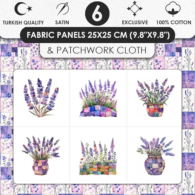 Lavender Patchwork Cotton Fabric Panel – 6 Designs + Bonus Sheet 29.5×19.6 inch - Image 3