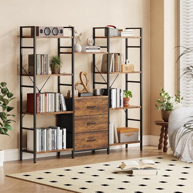 AFLUI Triple Bookshelf with 3 Fabric Drawers, 4-Tier Book Shelf and 10 Display - Image 3