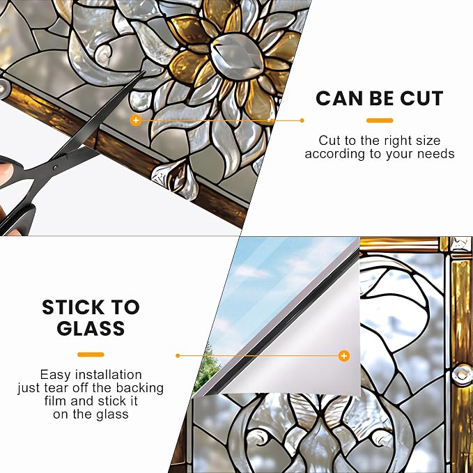 Stained Glass Window Privacy Film: Non-Adhesive Sun and Landscape Mosaic Design - Image 6