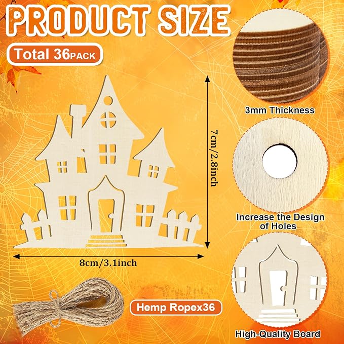 36PCS Wooden Halloween Ornaments to Paint Fall Decorations, 12 Styles DIY Blank - Image 2