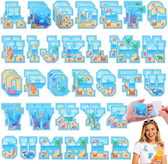 WILLBOND 52 Pcs Beach Alphabet Patches 2.8 Inch Self Adhesive Letter Patches by Willbond+Technology+Limited