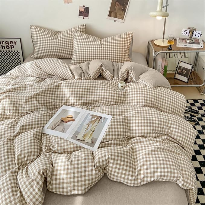Nayoroom Gingham Duvet Cover Queen Size Brown Tan Plaid Checkered Comforter - Image 2
