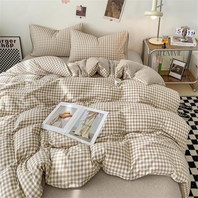 Nayoroom Gingham Duvet Cover Twin Size Brown Tan Plaid Checkered Comforter - Image 2