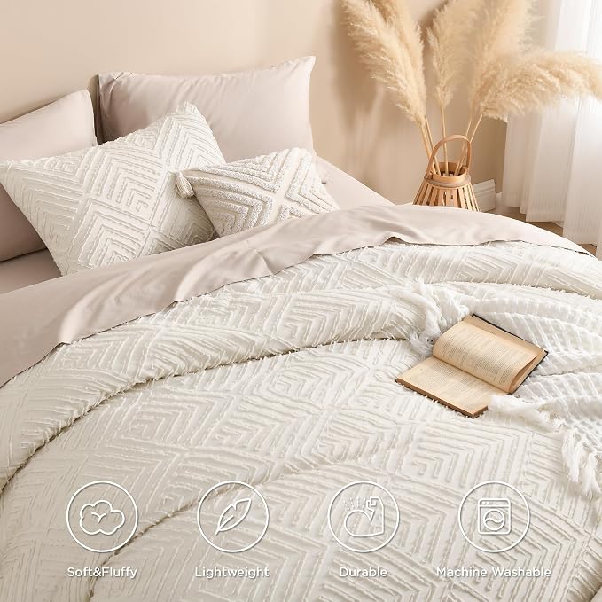 Andency Beige California King Comforter Set, 3 Pieces Cream Boho Tufted Cal - Image 4