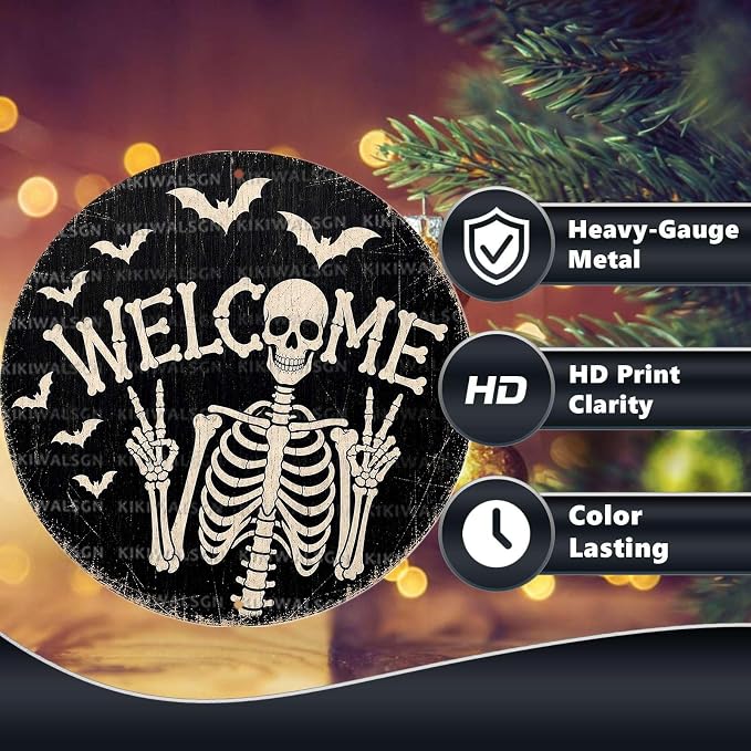 Funny Skeleton Welcome Halloween Metal Tin Sign Round Wall Decor Peace Sign Bat - Image 4