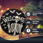 Funny Skeleton Welcome Halloween Metal Tin Sign Round Wall Decor Peace Sign Bat - Image 4
