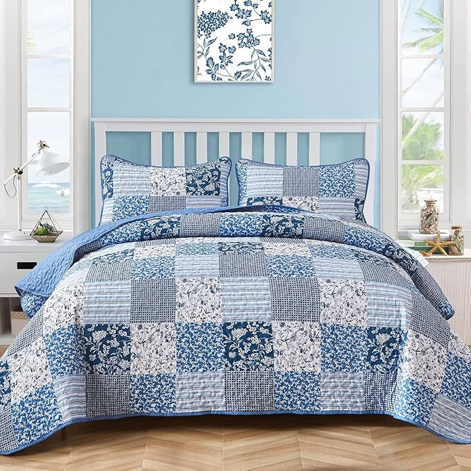 Mybedsoul Blue Quilt Set California King, 3 Pieces Plaid Floral Bedspread Set by Mybedsoul