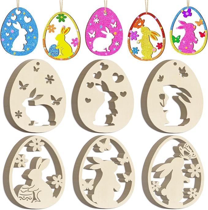 36PCS Wooden Easter Ornaments to Paint, 6 Styles DIY Blank Unfinished Wood Egg by Sophena