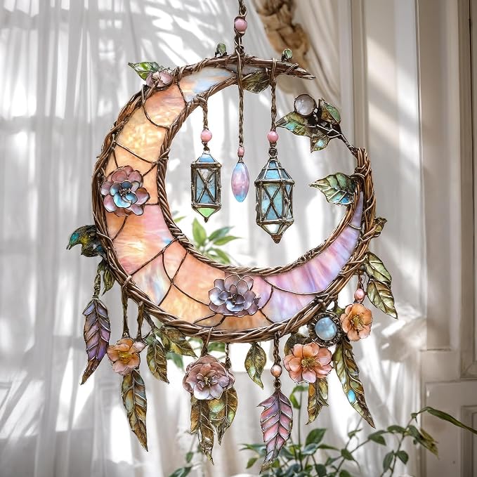 Crescent Moon Lanterns & Flowers Acrylic Suncatcher by Unknown