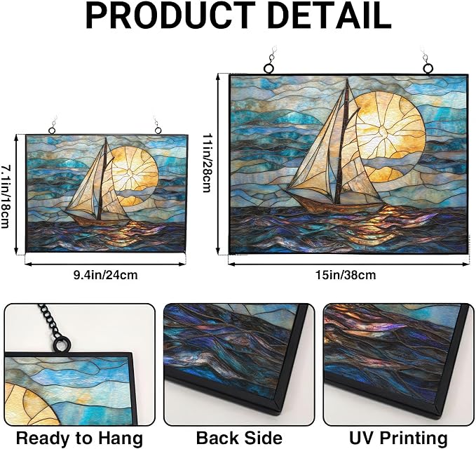 Stained Glass Window Hanging, Art Nouveau Horizon Sailboat Sun Catchers Glass - Image 3