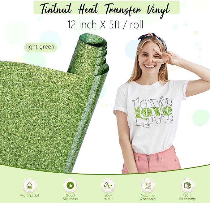 Tintnut Light Green Glitter Heat Transfer Vinyl Roll, easy cut & weed, stretch - Image 2