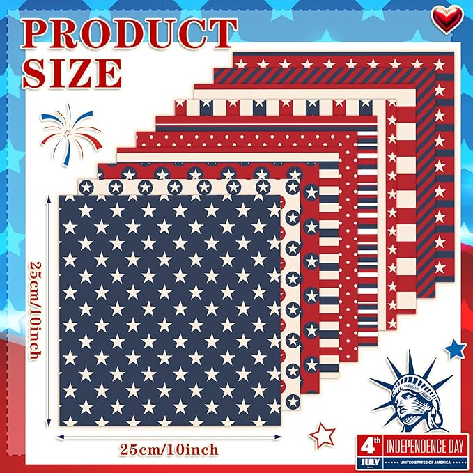 HunnmingRe 20 Pcs 10x10'' Patriotic Quilting Fabric Square Red White Blue - Image 2