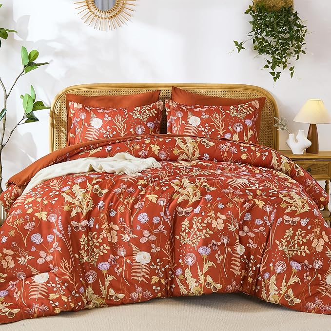Yiran Queen Comforter Set 7 Piece, Burnt Orange Floral Bedding Set, Bed in a - Image 7
