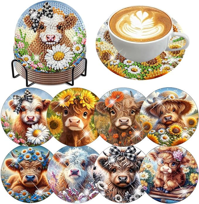 8 Pack Diamond Art Coasters, Highland Cow Diamond Painting Coasters Kits | Cow by Zythron