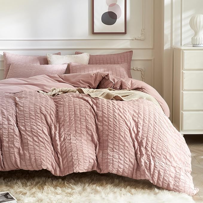 JELLYMONI Smokey Pink Duvet Cover Queen Size, Soft Breathable Seersucker Duvet by JELLYMONI