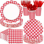 168 Pcs Red Gingham Checkered Party Supplies Scalloped Red and White Checkered by Greencian