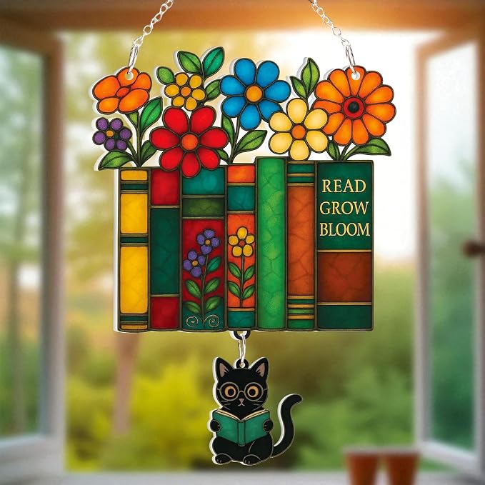 Book Lover Gifts for Mom, Mother’s Day, Faux Stained Glass Book Ornament by KATINAT