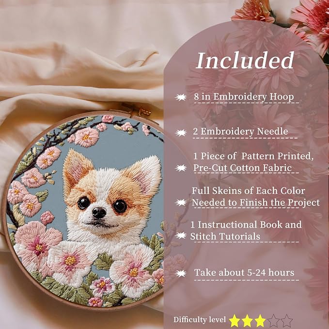 FONNUY Chihuahua Dog Floral Embroidery Kit, Cross Stitch Kits - Image 2