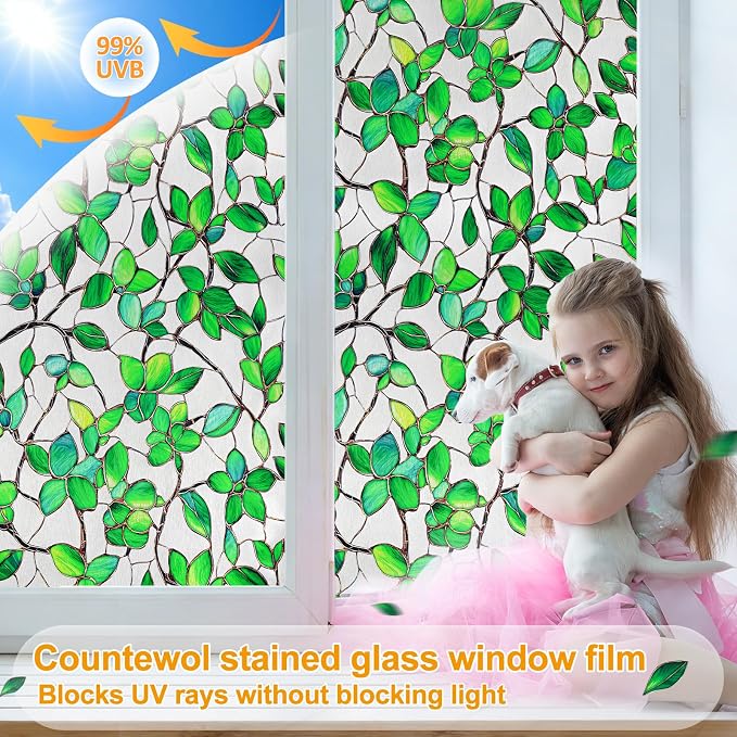 Countewol Greenery Leaf Static Cling Window Film Frosted Stained Glass Privacy - Image 5