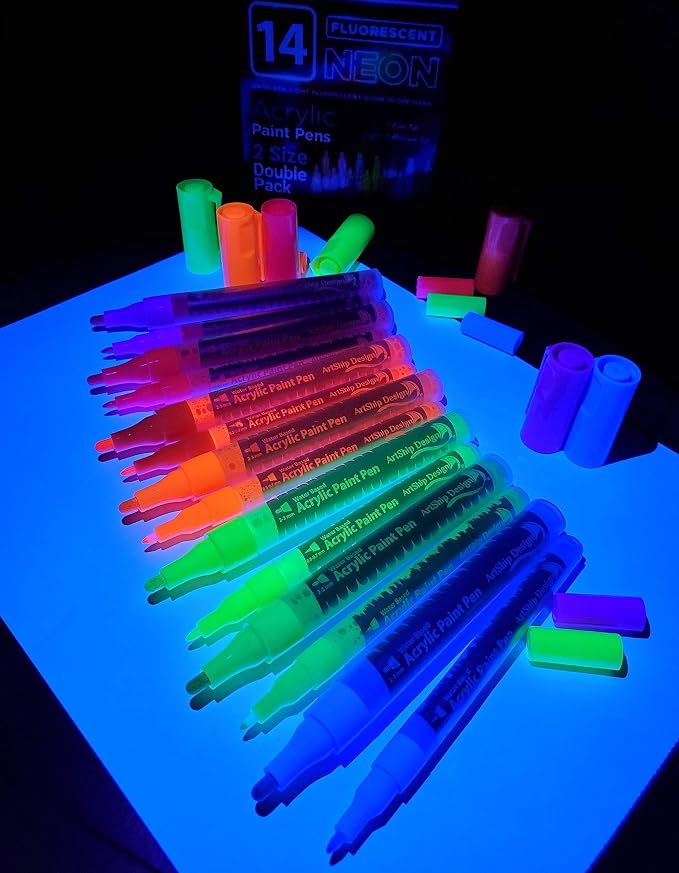 14 Pack Neon UV Fluorescent Acrylic Paint Pens, Double Pack of Both Extra Fine - Image 3