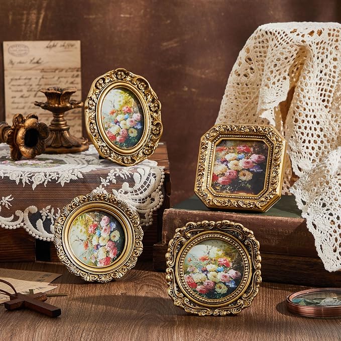 Qunclay Vintage Mini Picture Frames Set of 4, Round Rectangle Ornate Small - Image 4