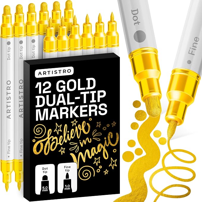 ARTISTRO 12 Gold Dual-Tip Acrylic Paint Markers – Paint Pens Set by ARTISTRO