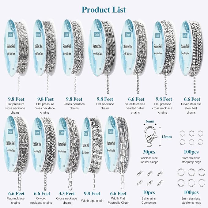 Necklace Chain for Jewelry Making, 95.1 Feet 12 Rolls Stainless Steel Jewelry - Image 3