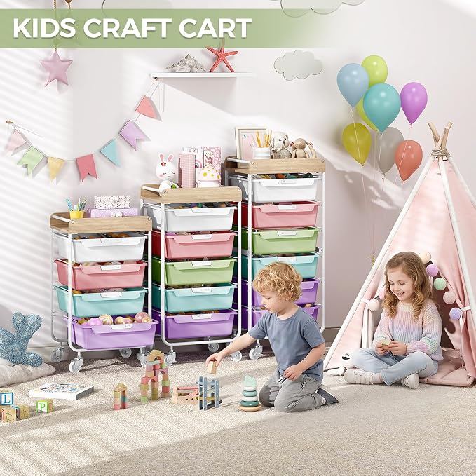 SYKIARIOL Rolling Utility Storage Cart, 4 Labeled Ice Cream Colored Drawers - Image 2