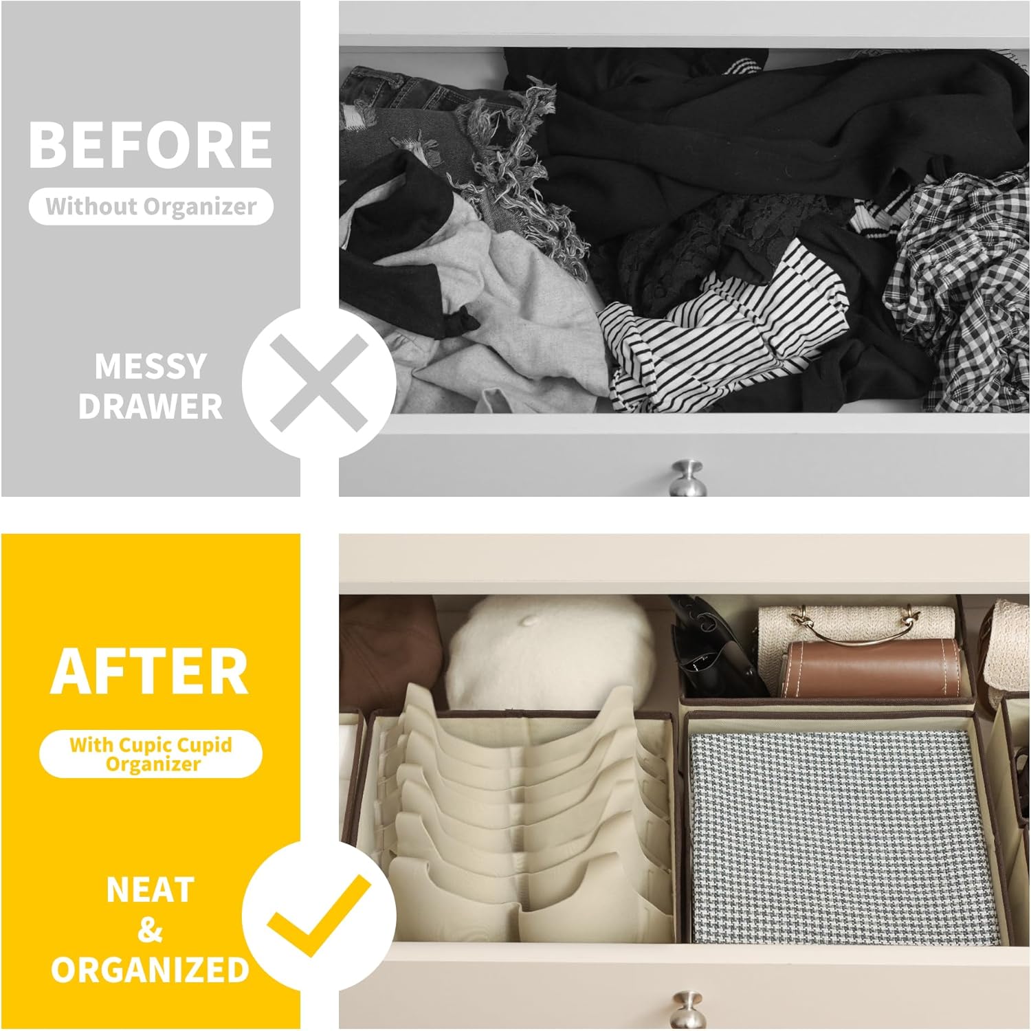 Cupic Cupid Drawer Organizer, Dresser Organizers, Foldabe Drawer Organizer Clothes, Closet Organization and Storage Dividers for Socks, Underwear and Diaper, Set of 12, Beige