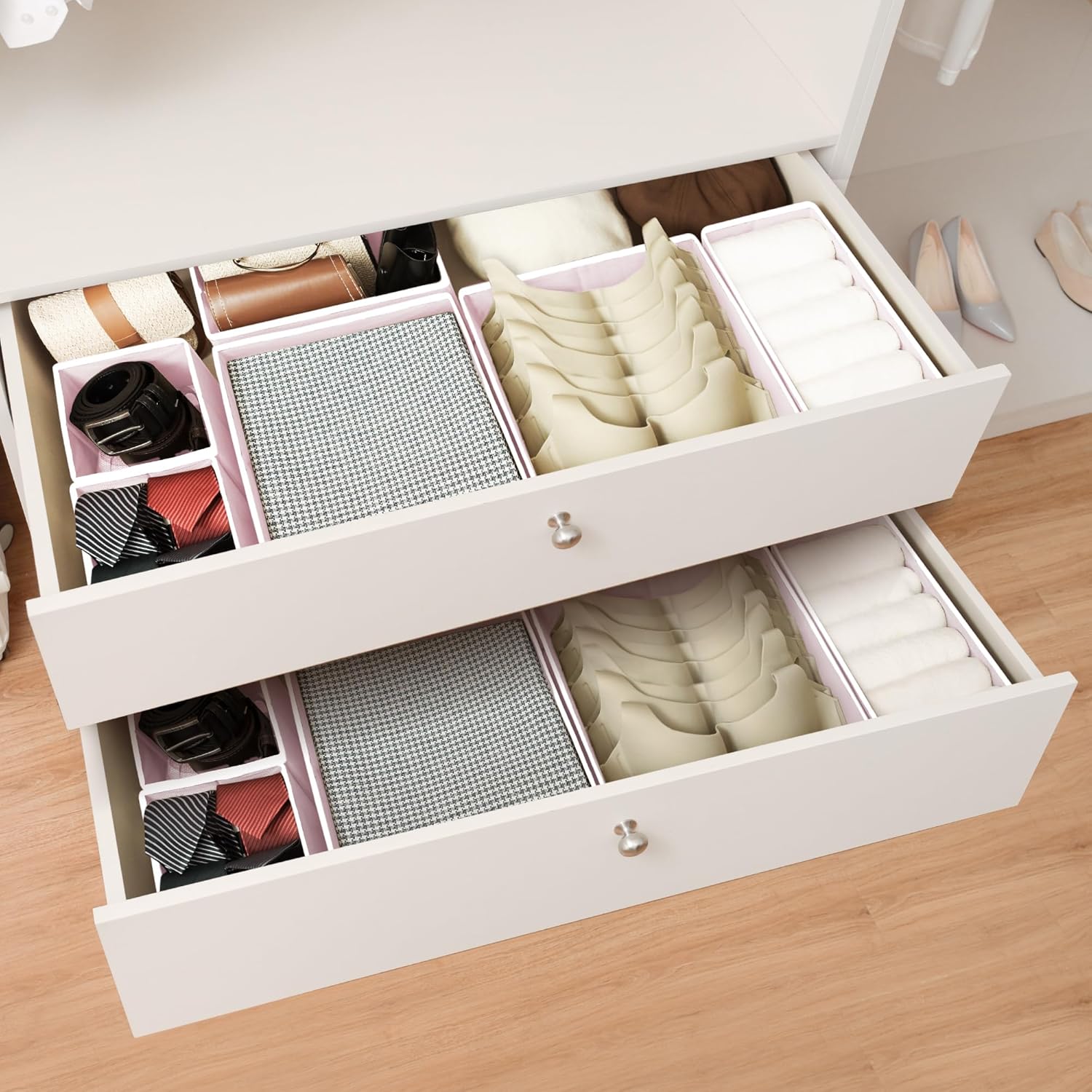 Cupic Cupid Drawer Organizer, Dresser Organizers, Foldabe Drawer Organizer Clothes, Closet Organization and Storage Dividers for Socks, Underwear and Diaper, Set of 12, Pink