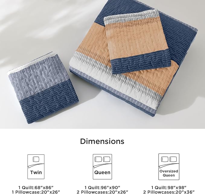 Litanika Quilt Queen Size BlueO, Stripe Patchwork Summer Bedspread Coverlet 3 - Image 7