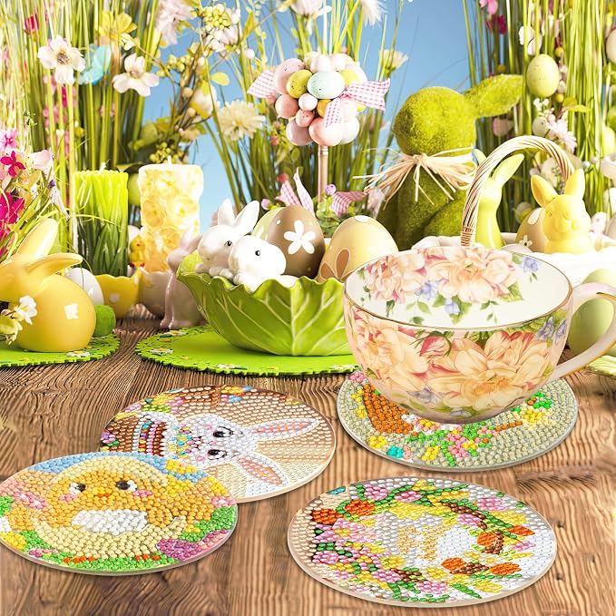 UPINS 8 Pieces Easter Diamond Art Coasters, Bunnies Diamond Art Coaster - Image 5