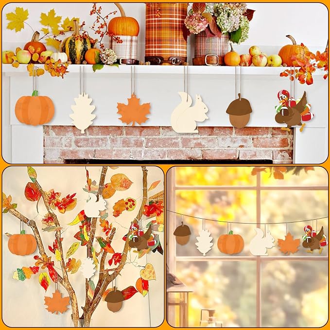 24 PCS Unfinished Wooden Thanksgiving Crafts, Pumpkin Turkey Shaped Hanging - Image 7