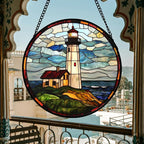 DASTOLL Stained Glass Window Hanging, Ocean Lighthouse Sun Catchers Glass Panel - Image 2