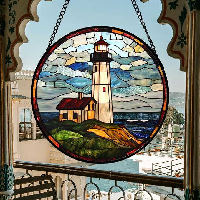DASTOLL Stained Glass Window Hanging, Ocean Lighthouse Sun Catchers Glass Panel - Image 2