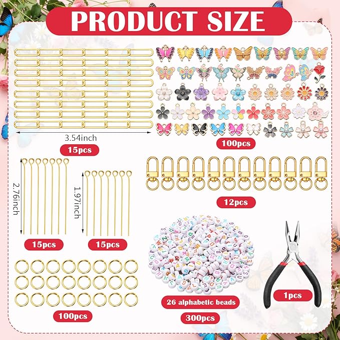 CraftyDream 558 Pcs Flower Keychain Making Kit DIY Butterfly Floral Bag Charm - Image 3