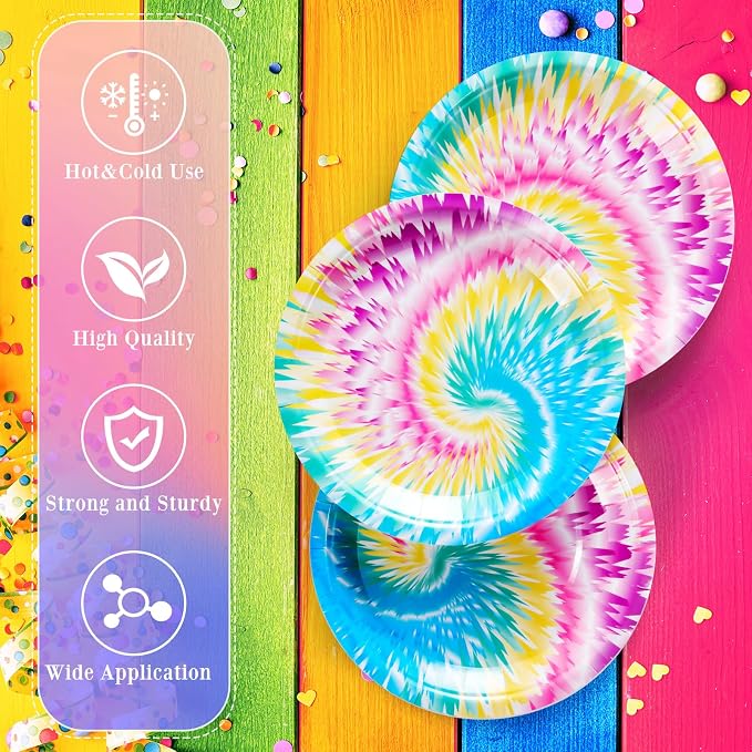 Domensi 100 Pack Tie Dye Paper Plates 7 Inch Rainbow Disposable Dessert Plates - Image 4